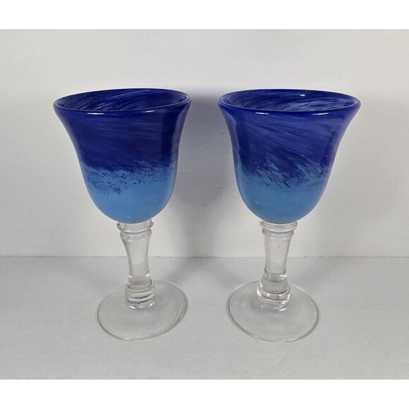 Hand Blown Stemmed Wine Glasses Goblets Cobalt Blue Two Tone Swirl Set of 2 - Picture 1 of 5